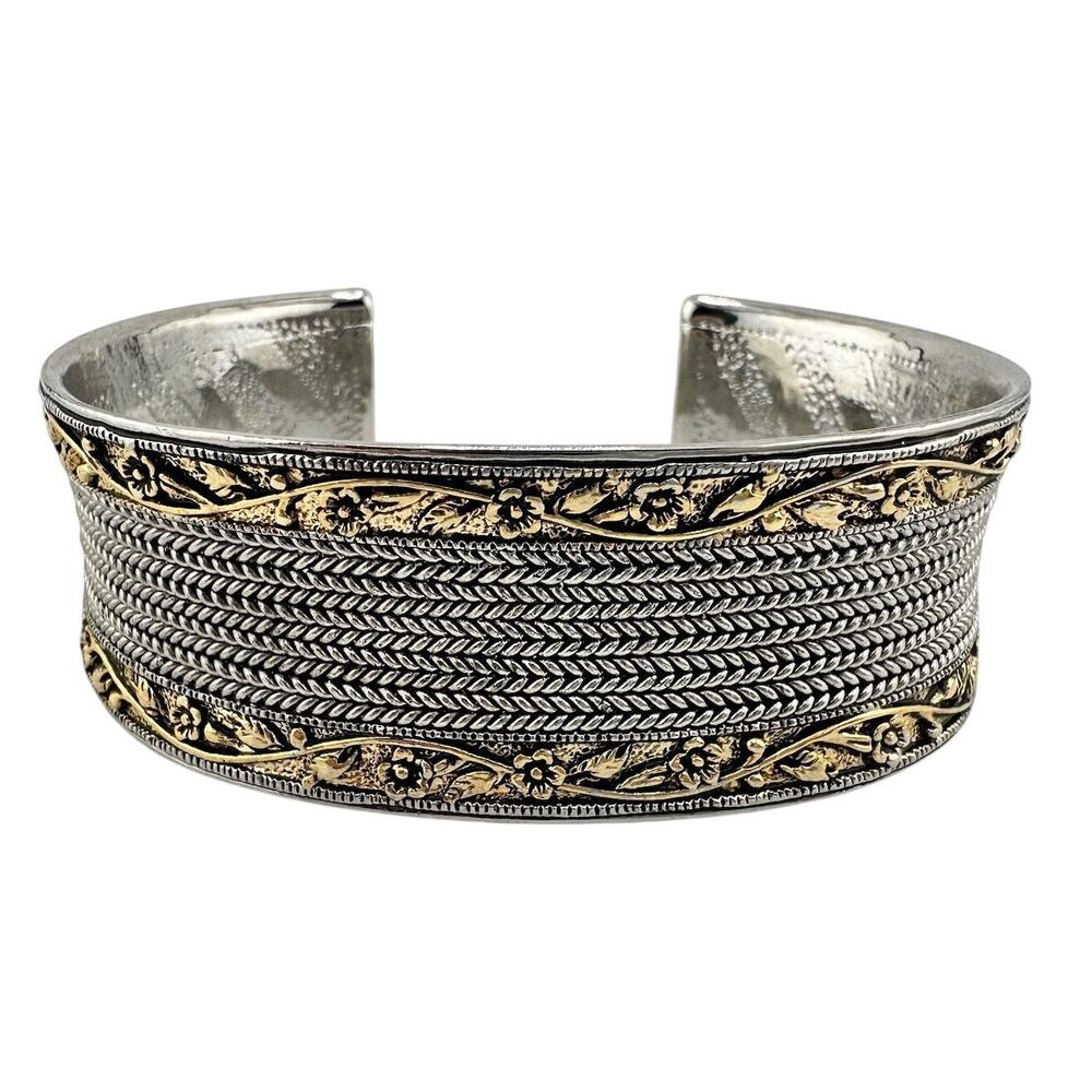 Antique Style Floral Scrollwork Silver Tone Gold Tone Accent Cuff 7” Bracelet